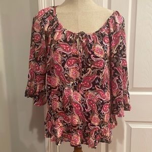 Aurablue blouse Paisley ruffle bell sleeve pink black S